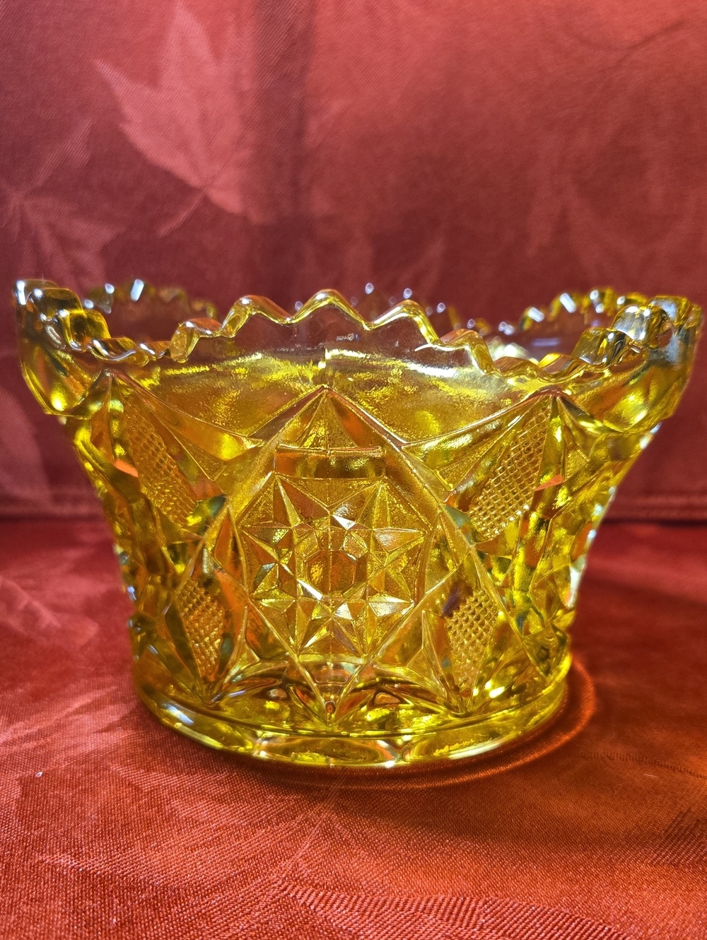 Vintage Imperial Glass Yellow Pressed Glass Bowl With Star & Diamond Pattern